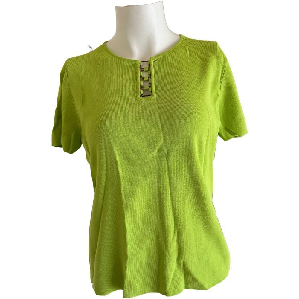 Cable & Gauge women’s Y2K gold buckle collar short sleeve blouse Large lime gree